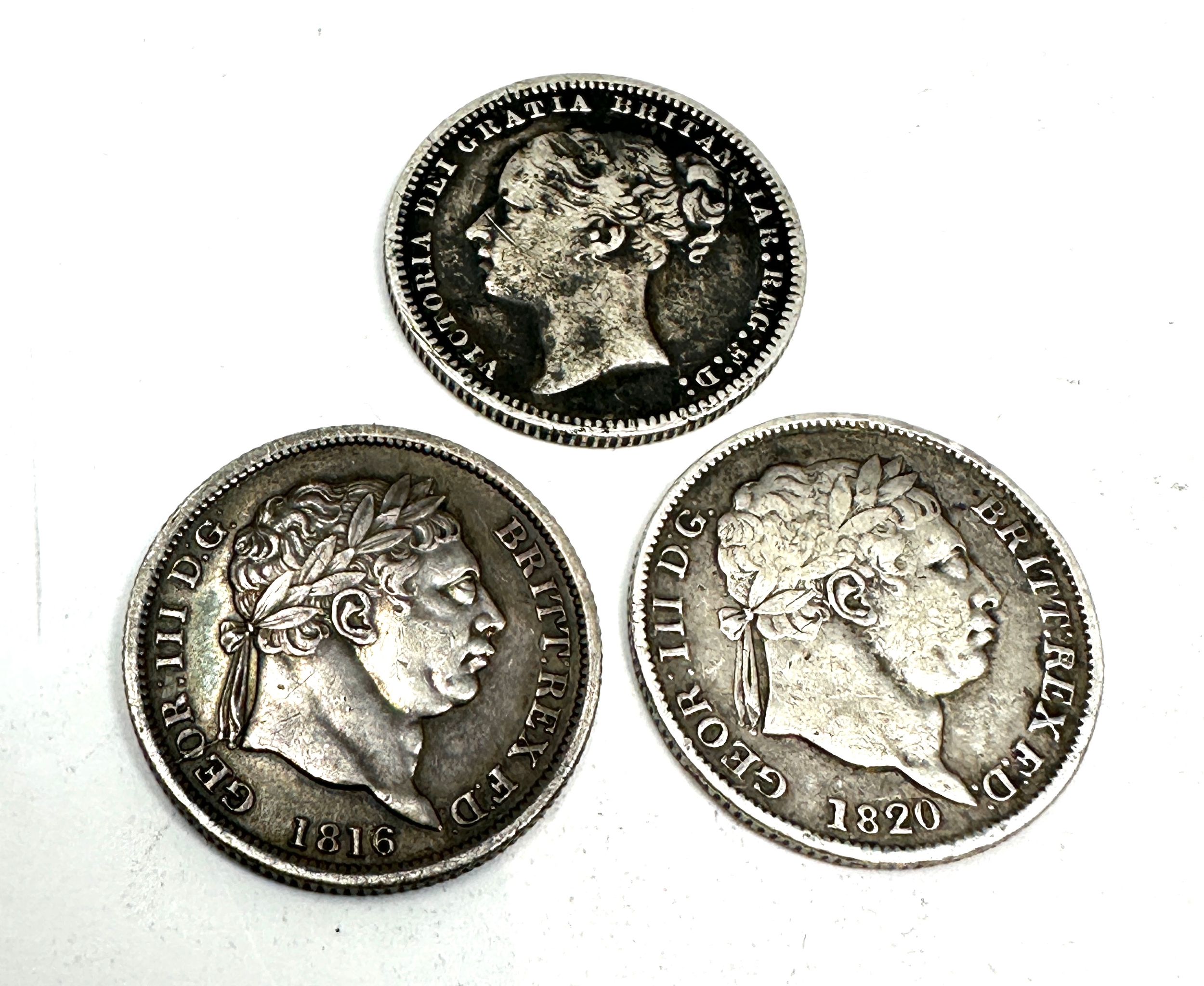 3 antique silver shillings 1816 1820 & 1878