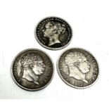 3 antique silver shillings 1816 1820 & 1878