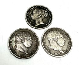 3 antique silver shillings 1816 1820 & 1878