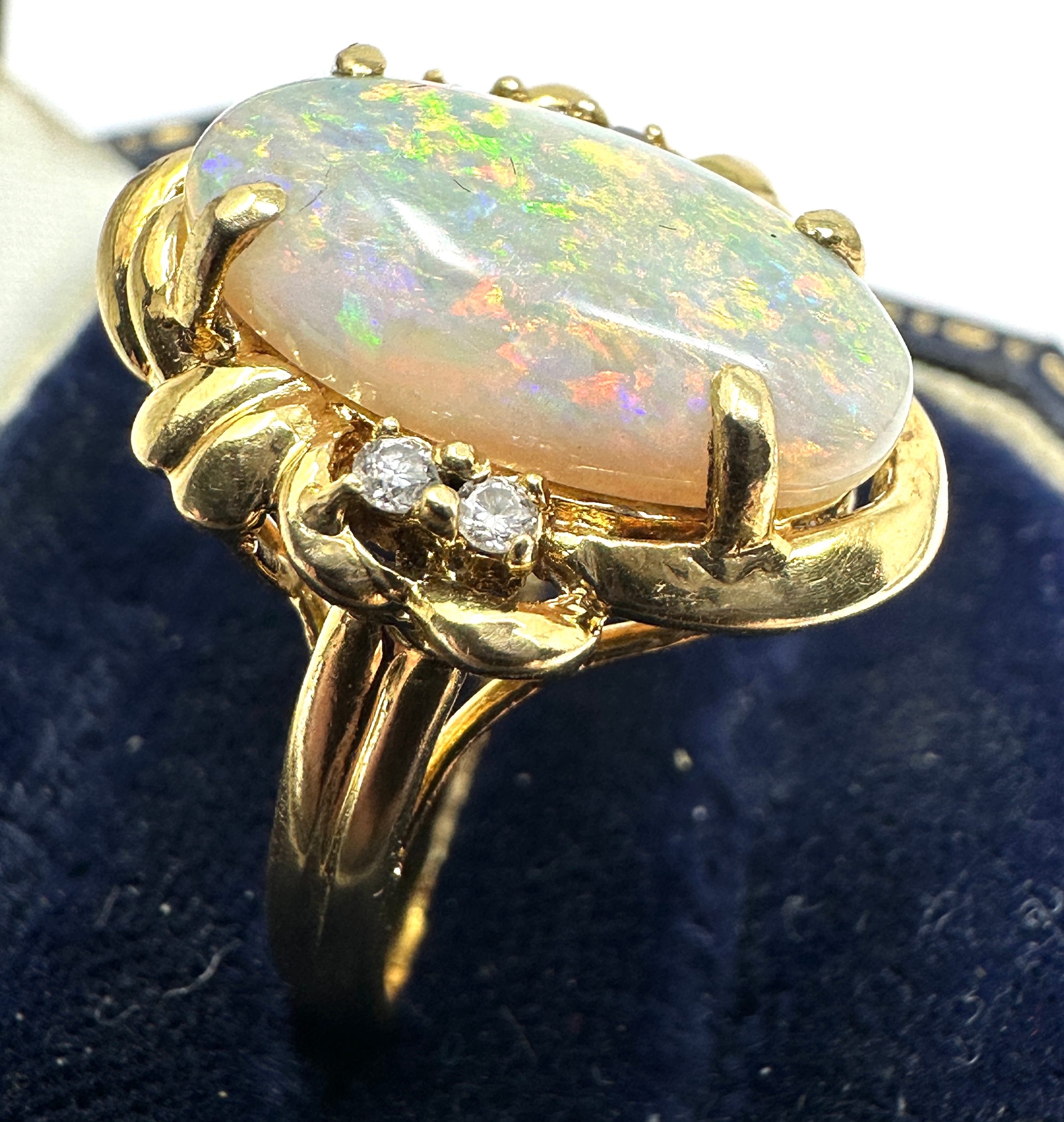 18ct gold large opal & diamond ring opal measures approx 16mm by 8mm with 3 diamons each side weight - Image 2 of 5