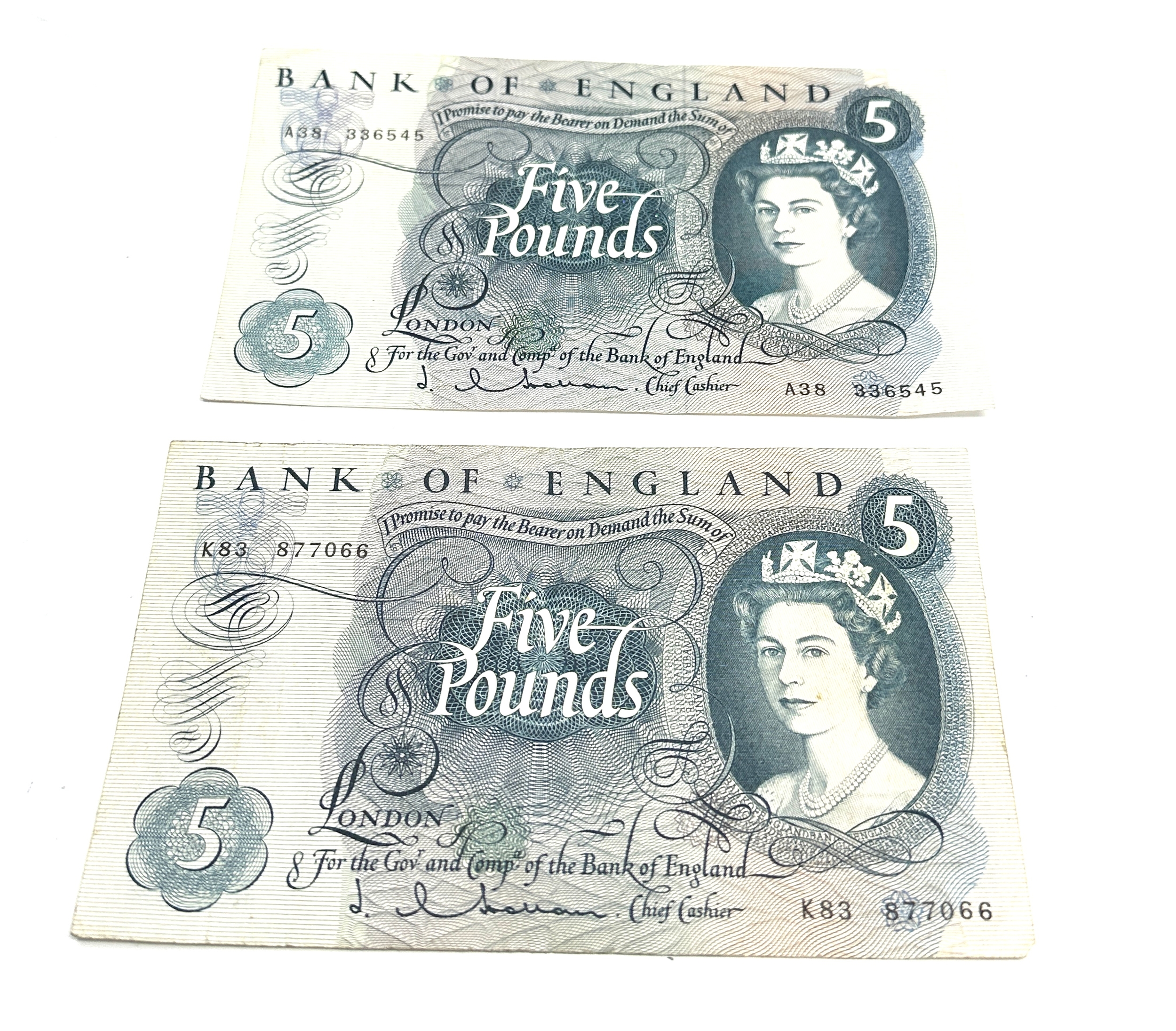 2 x 1960s Hollom £5 Five Pound Banknote A38 336545 & K83 877066