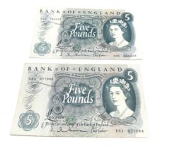 2 x 1960s Hollom £5 Five Pound Banknote A38 336545 & K83 877066