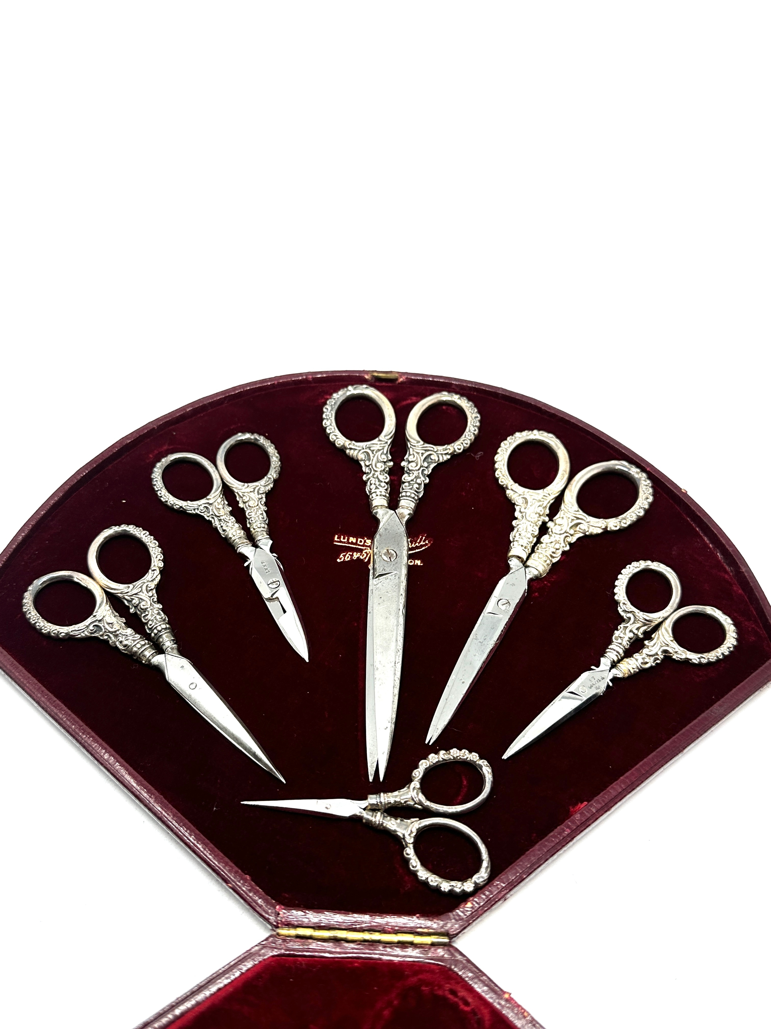 Fine large set of antique silver handle scissors original boxed by Lunds of London - Image 2 of 8