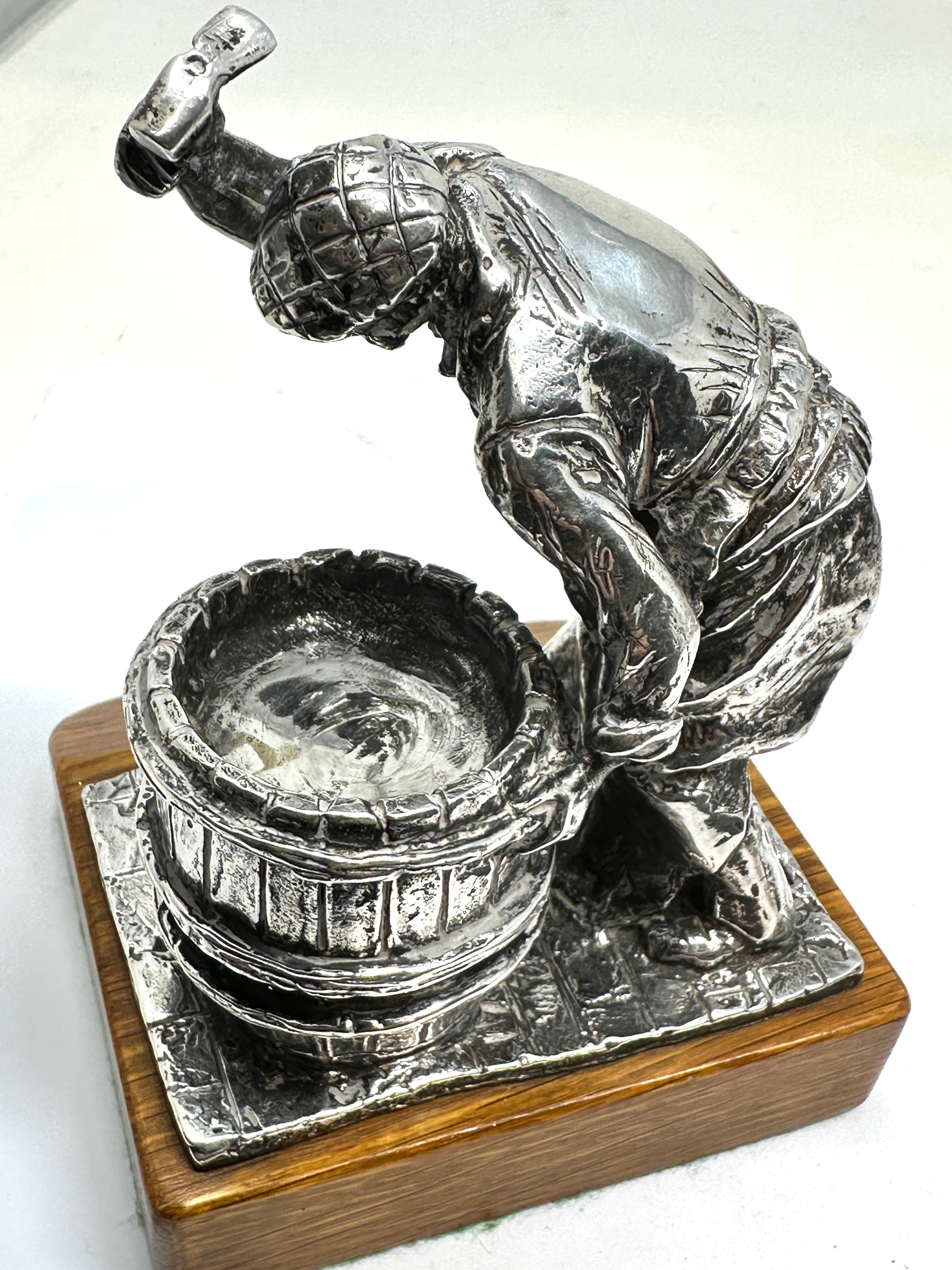 Heavy silver figure of a barrel maker on wooden base signed birmingham silver hallmarks figure - Image 3 of 7