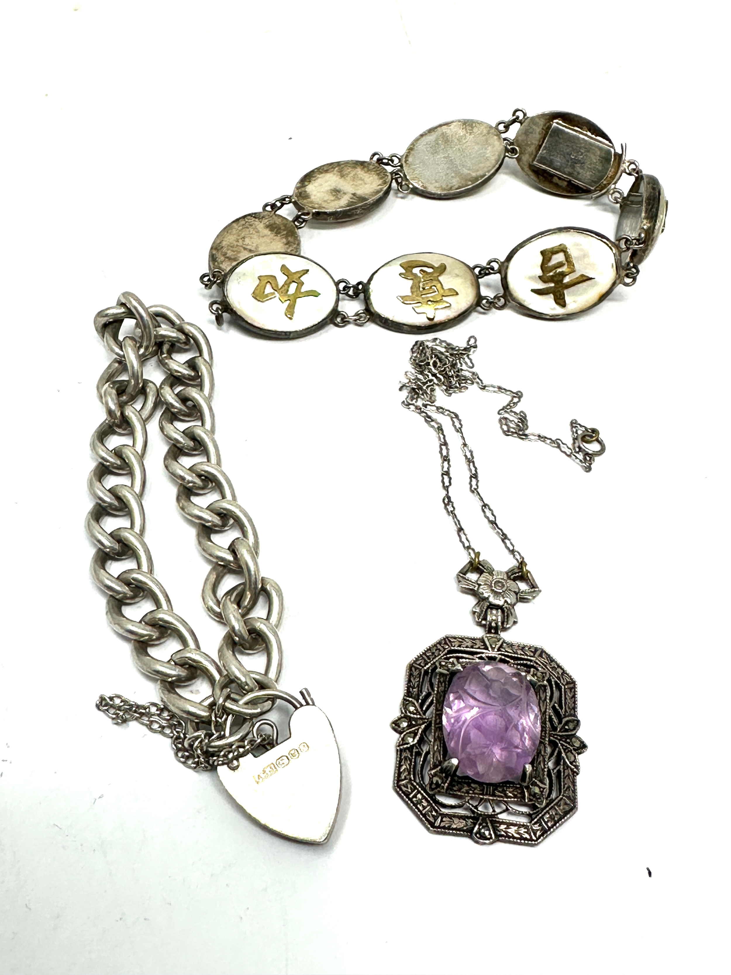 Vintage silver jewellery inc charm bracelet amethyst pendant chinese mop bracelet weight 56g