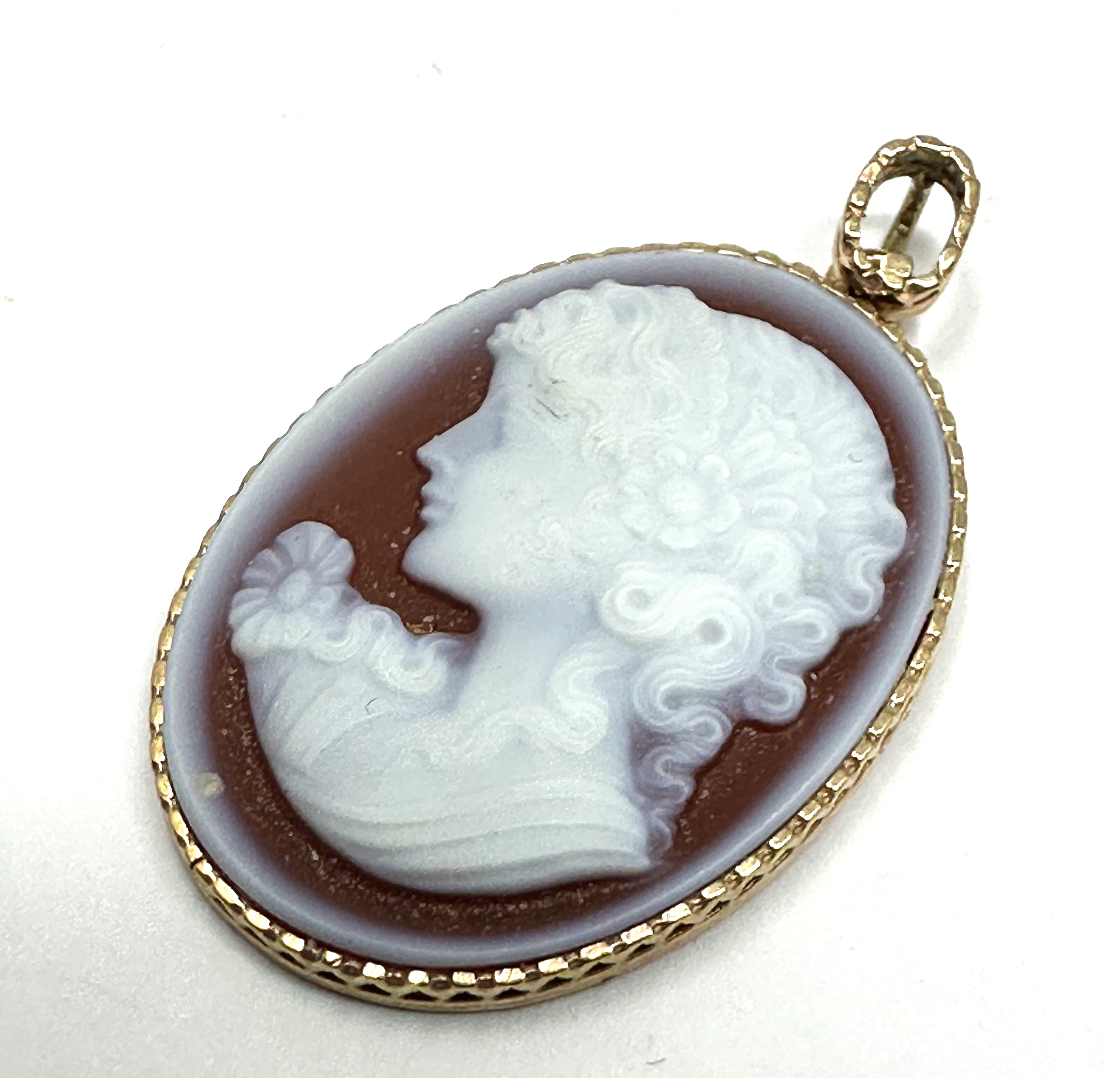 9ct gold framed hard stone cameo pendant measures approx 4cm drop by 2.3cm wide weight 5.5g