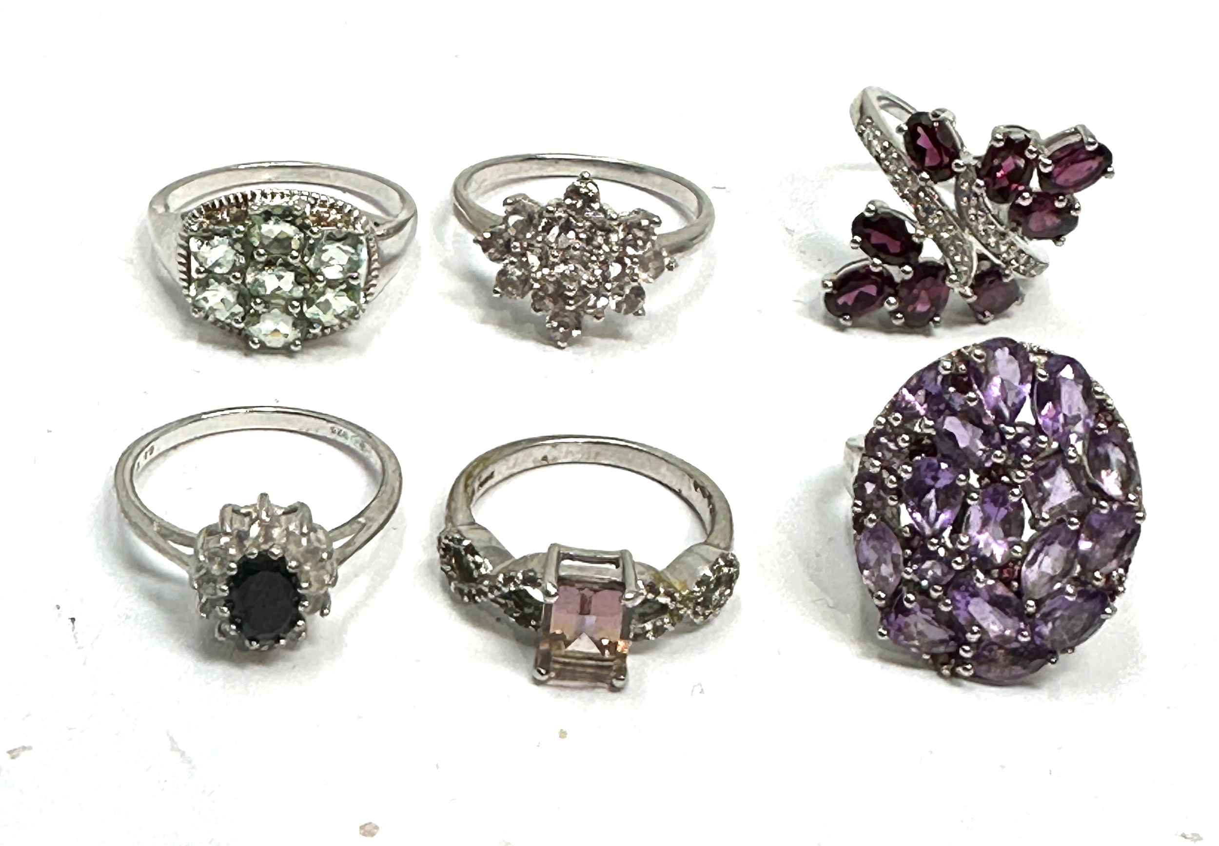 6 gemstone set silver rings weight 25g