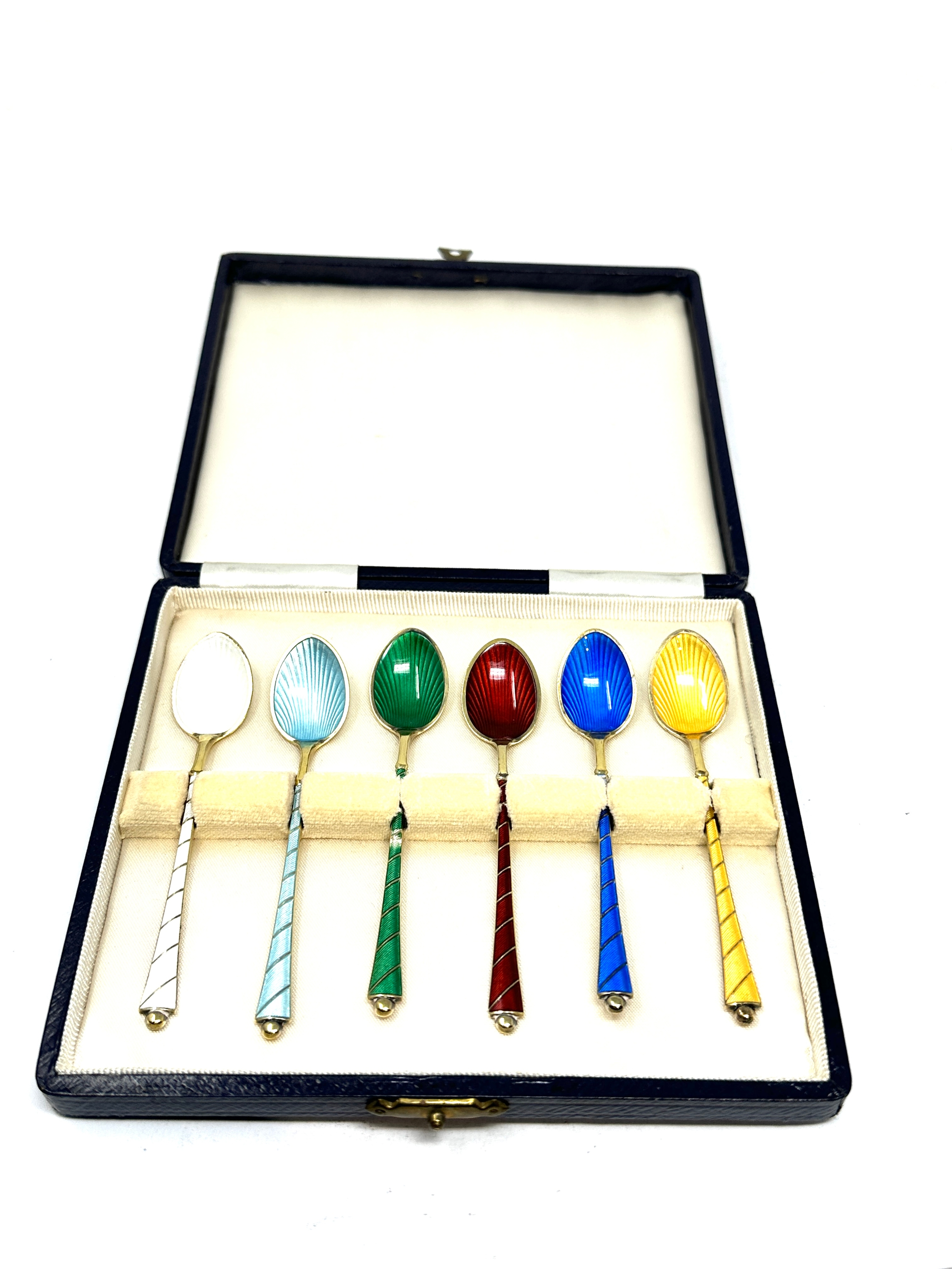 Boxed set of 6 danish silver & enamel tea spoons boxed