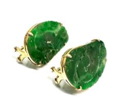 large 14ct gold carved jade earrings measure approx 2.8cm by 1.8cm weight 8.1g