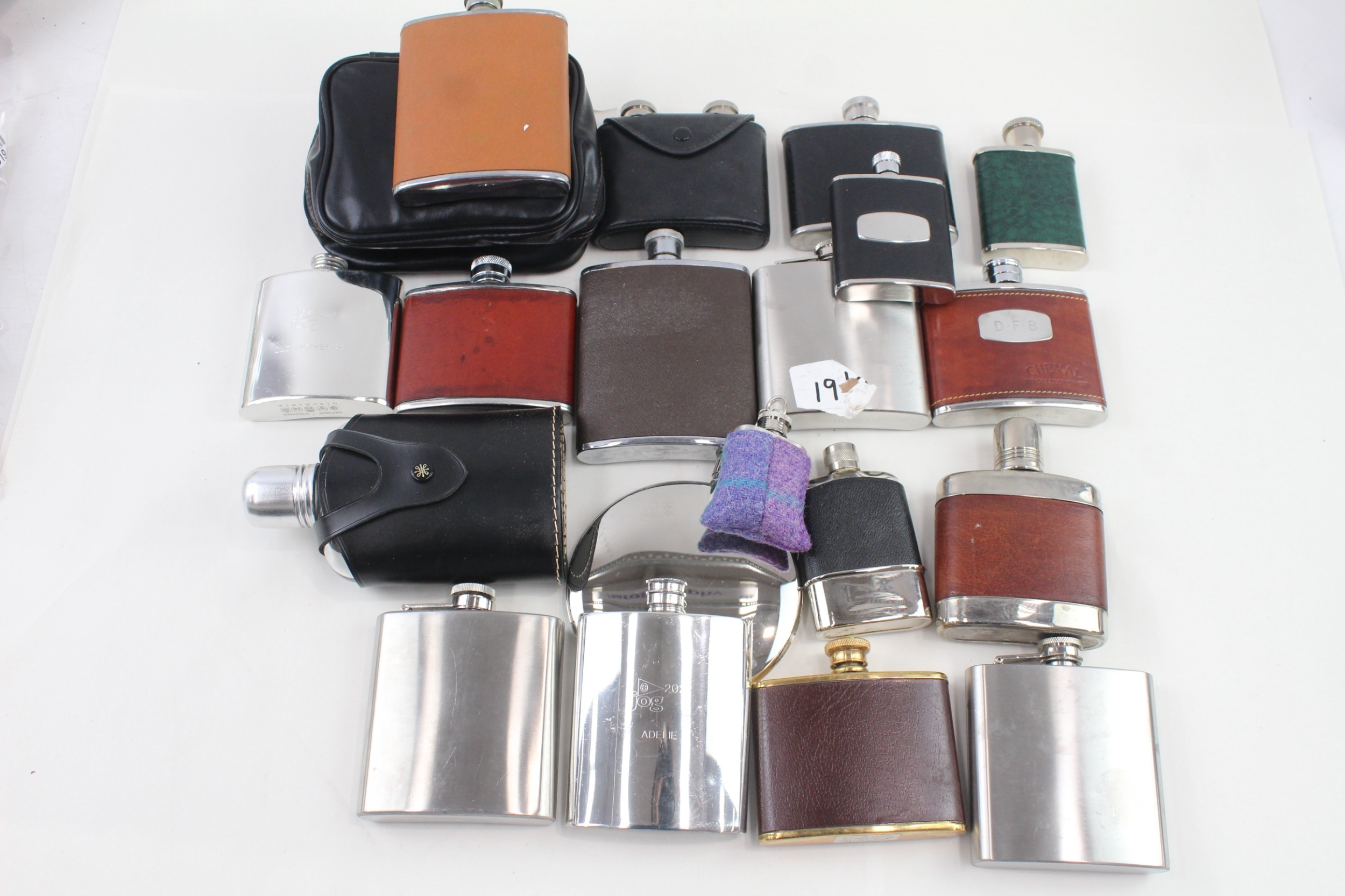 20 x Hip Flasks Inc Real Leather, Dalvey, Branding, Pewter, Vintage, Glass