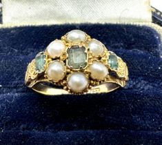 19th century 14ct gold emerald & seed-pearl ring hallmarked 14 ct weight 2.5g
