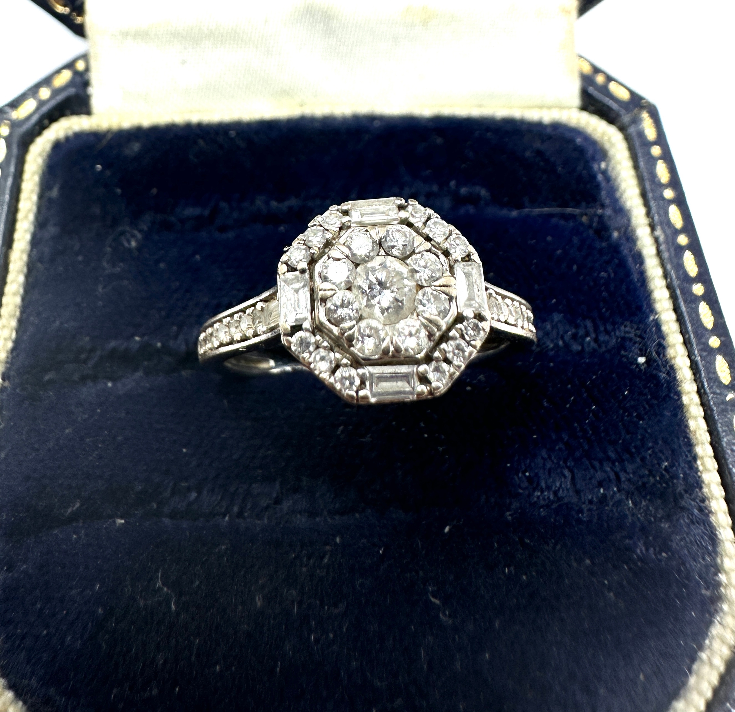 18ct white gold diamond cluster ring with diamond shoulders weight 2.7g est .50ct diamonds