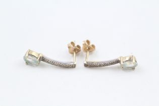 9ct gold blue topaz & diamond drop earrings & scroll backs (1.4g)