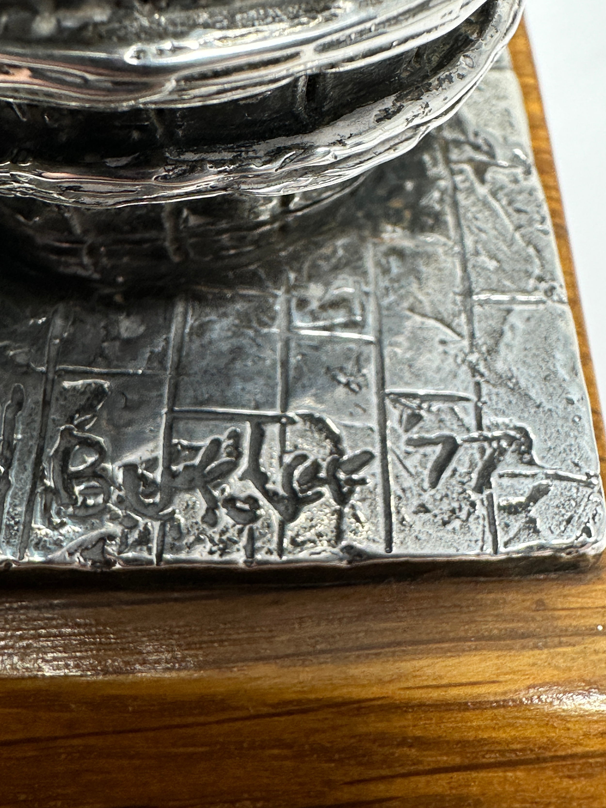 Heavy silver figure of a barrel maker on wooden base signed birmingham silver hallmarks figure - Image 7 of 7