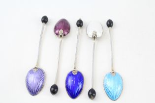 5 x .925 sterling guilloche enamel spoons