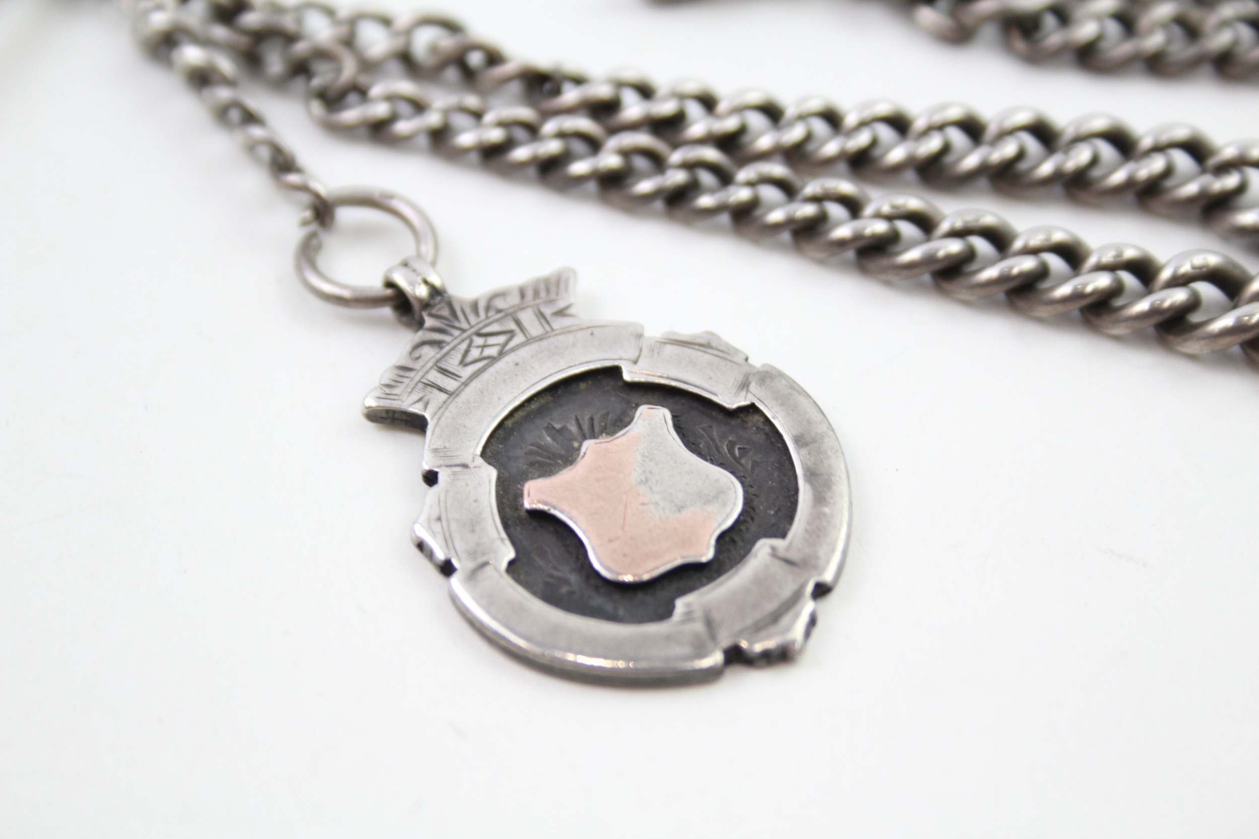 A silver double Albert watch chain and shield fob (47g) - Image 2 of 6