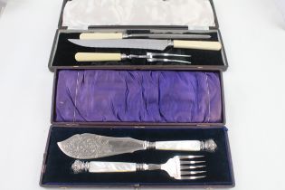 Vintage Cutlery Sets Mother of Pearl Fish Serving Spoons & Ivorine Steak Set x 2