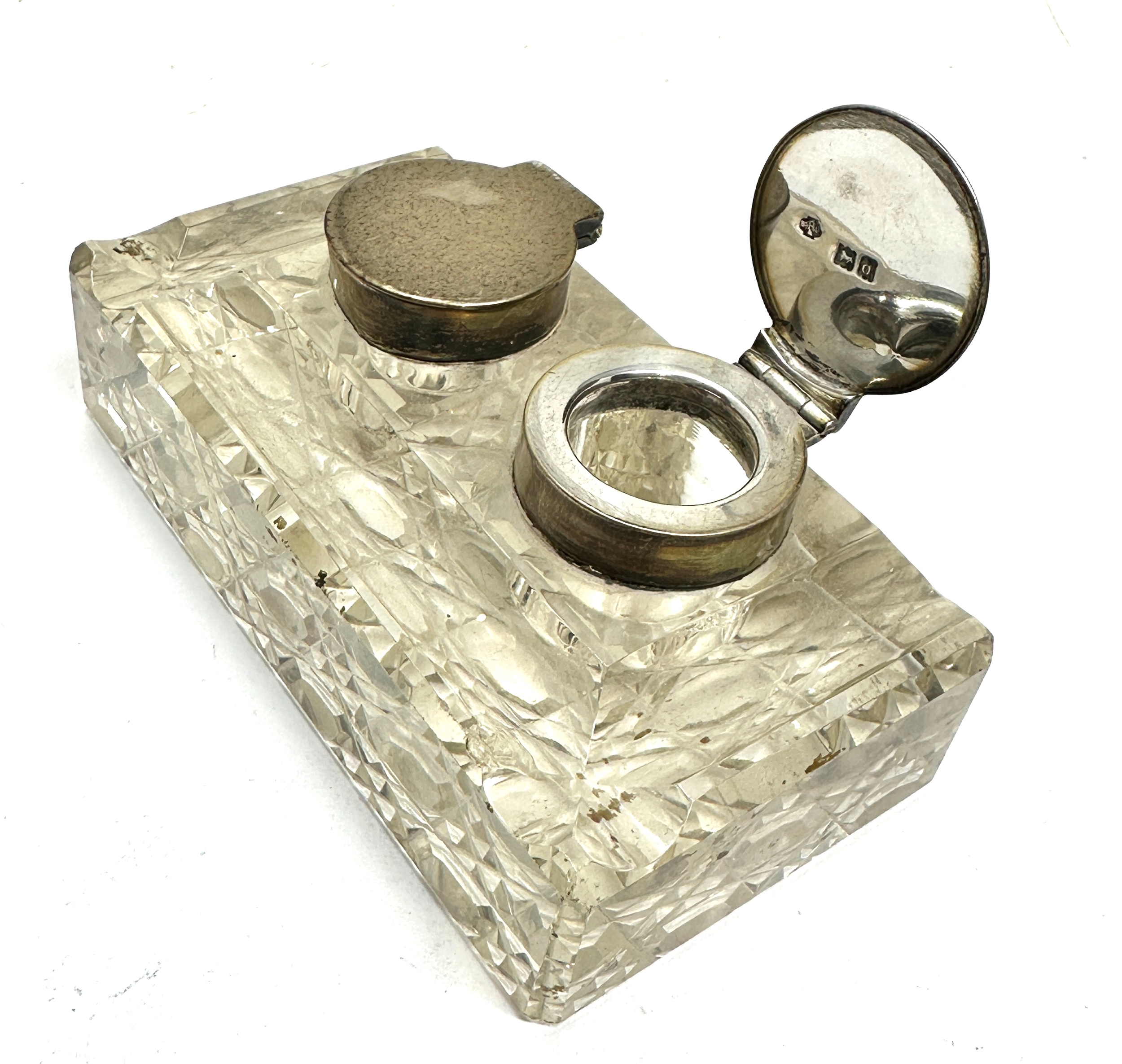 Antique, Double Inkwell, Silver and Glass, Sterling Tops, Pen Rests, Hobnail Glass, measures - Image 3 of 5