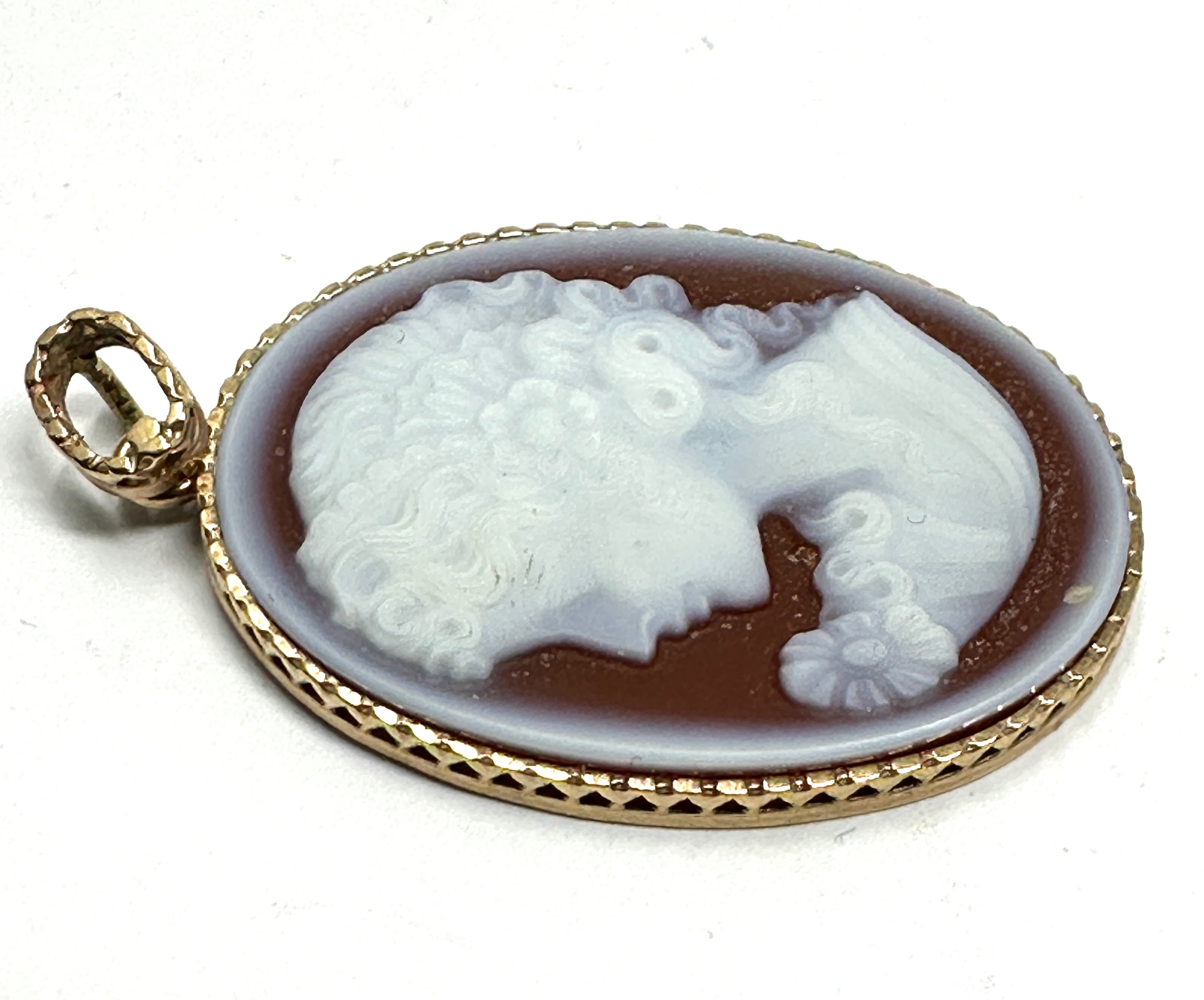 9ct gold framed hard stone cameo pendant measures approx 4cm drop by 2.3cm wide weight 5.5g - Image 2 of 3