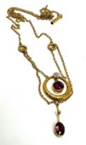 9ct gold amethyst & diamond Lavalier pendant necklace weight 3.9g