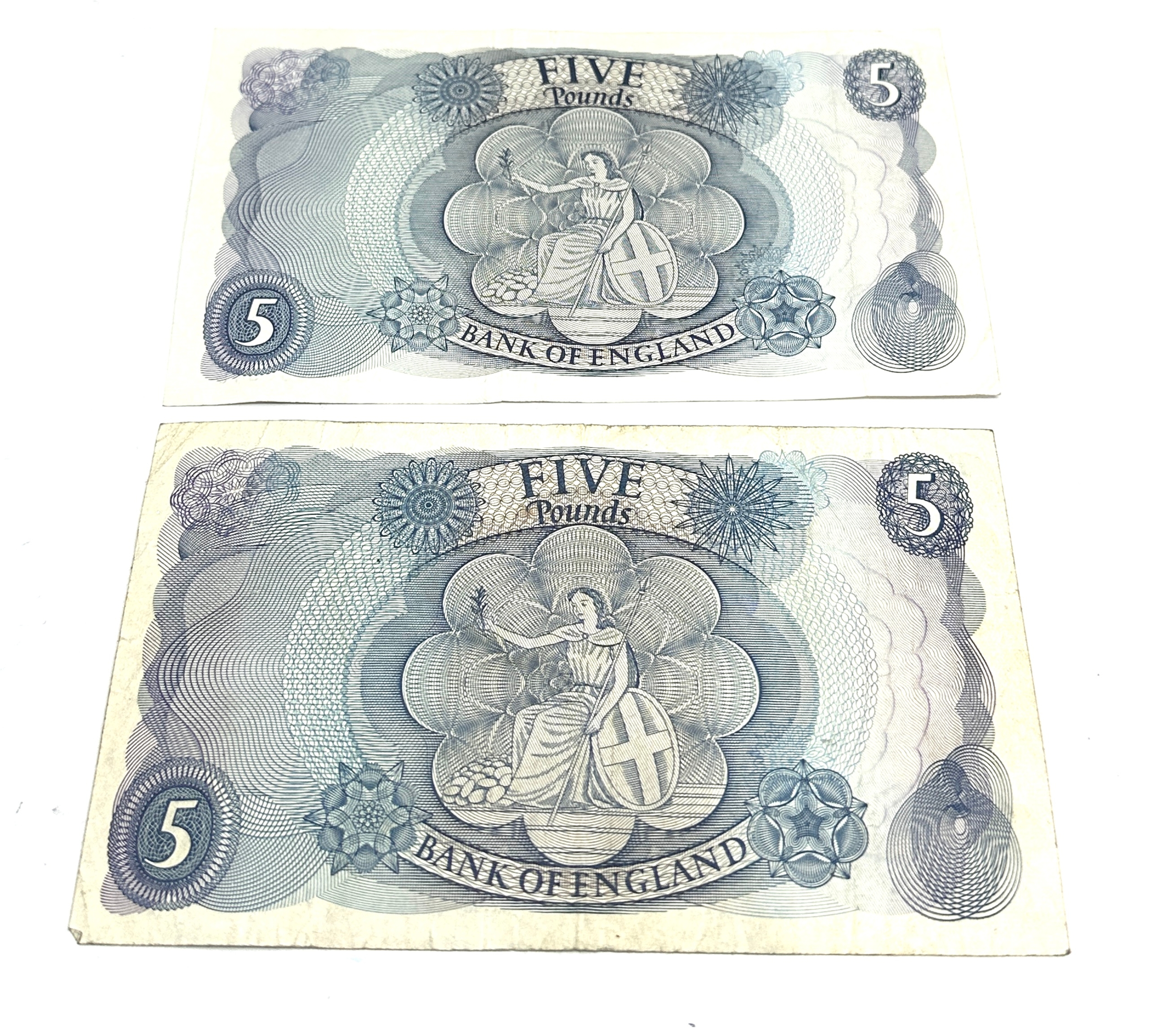 2 x 1960s Hollom £5 Five Pound Banknote A38 336545 & K83 877066 - Image 2 of 2