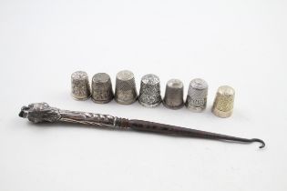 8 x .925 sterling thimbles & handled button hook