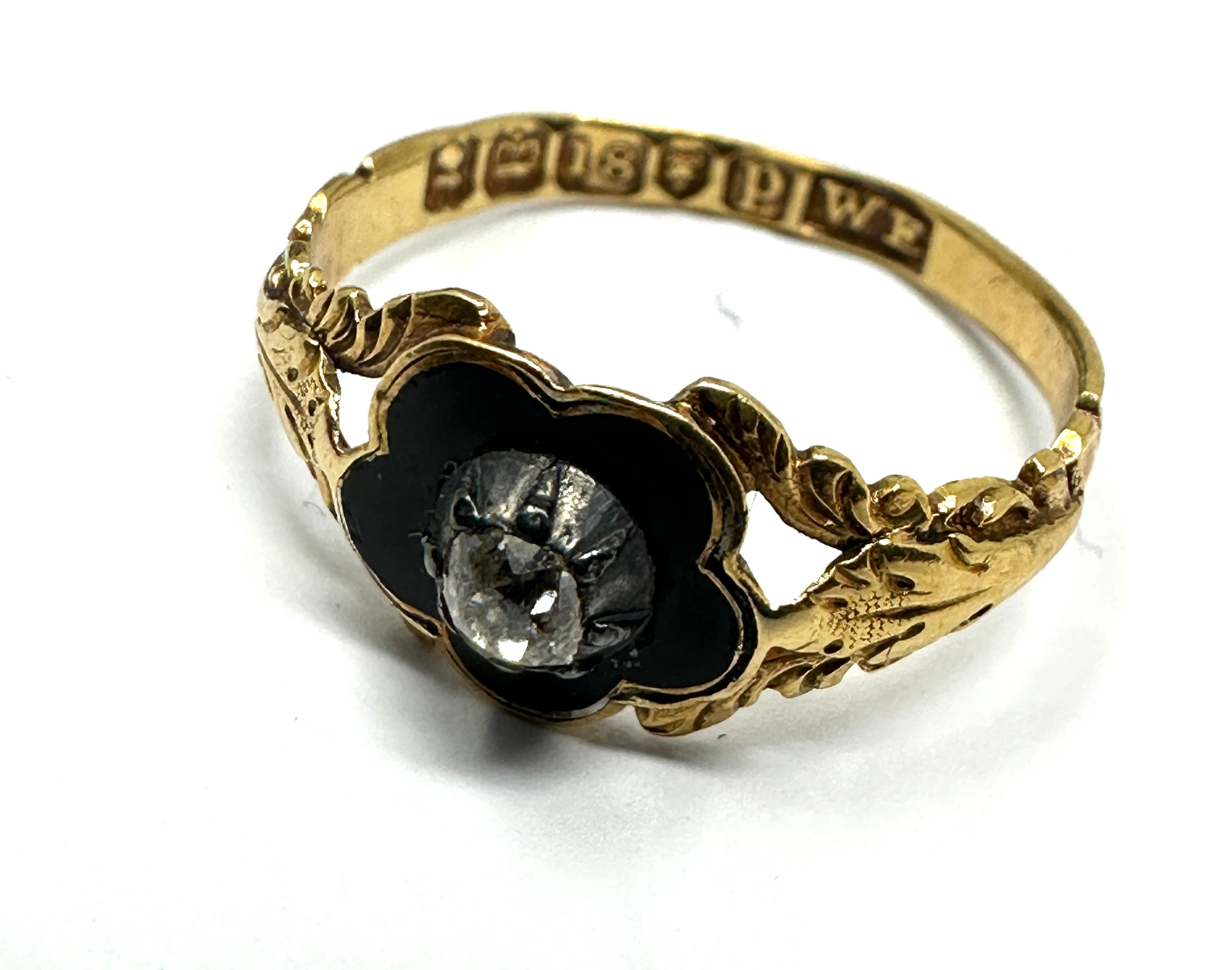 Fine Georgian 18ct gold black enamel & diamond mourning ring full georgian london gold hallmarks - Image 3 of 5