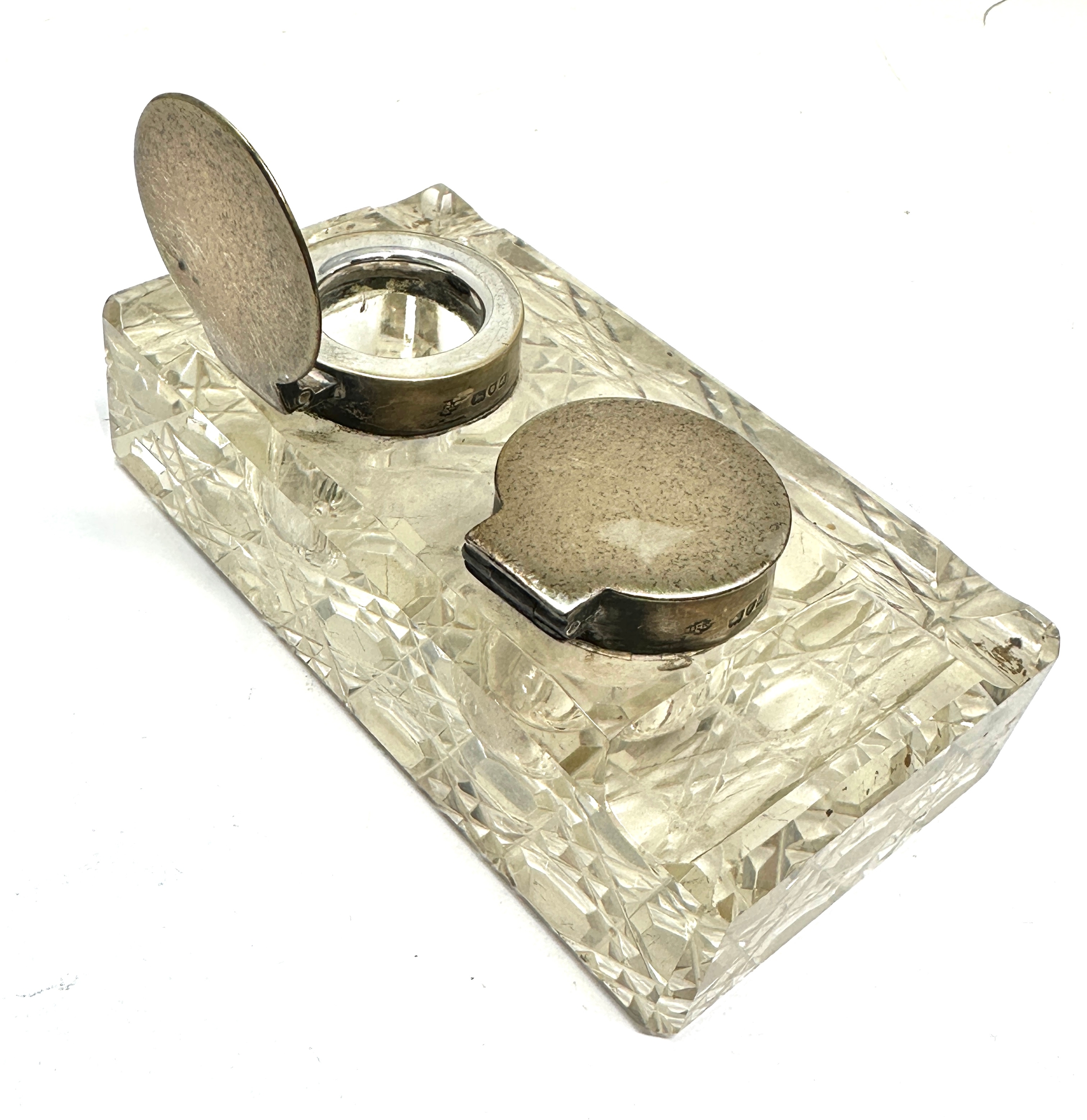 Antique, Double Inkwell, Silver and Glass, Sterling Tops, Pen Rests, Hobnail Glass, measures - Image 4 of 5