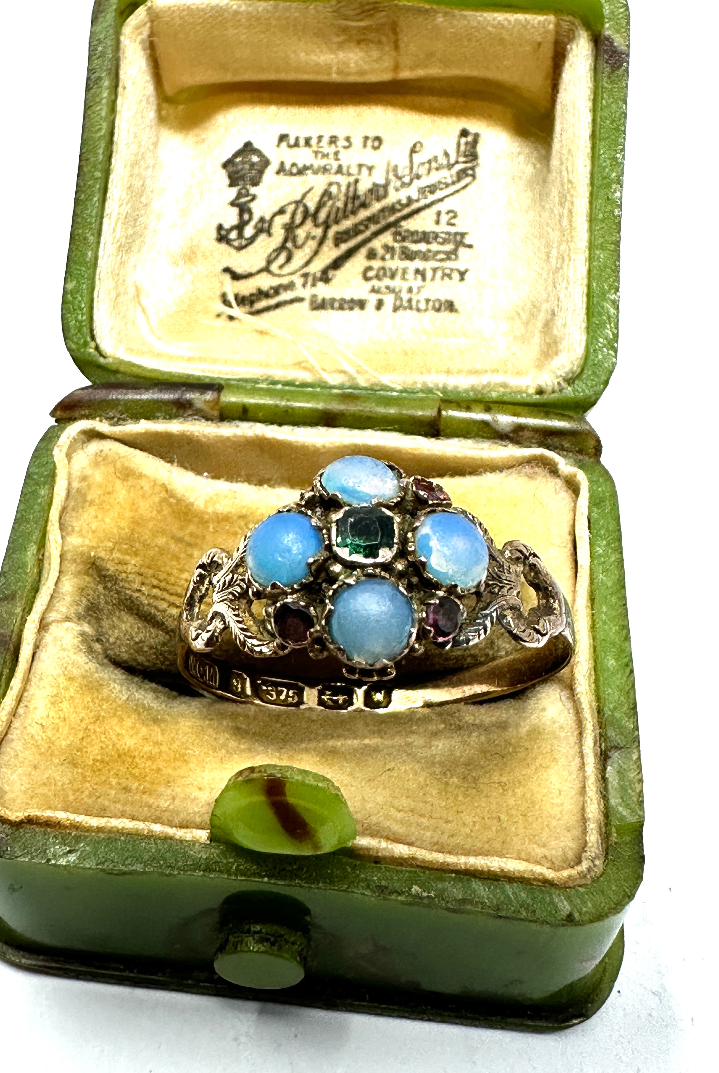 Antique 9ct gold opal ruby & emerald ring in antique bakelite ring box weight 1.6g