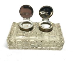 Antique, Double Inkwell, Silver and Glass, Sterling Tops, Pen Rests, Hobnail Glass, measures