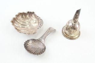 3 x .925 sterling salt dish, caddy spoon & funnel inc georgian