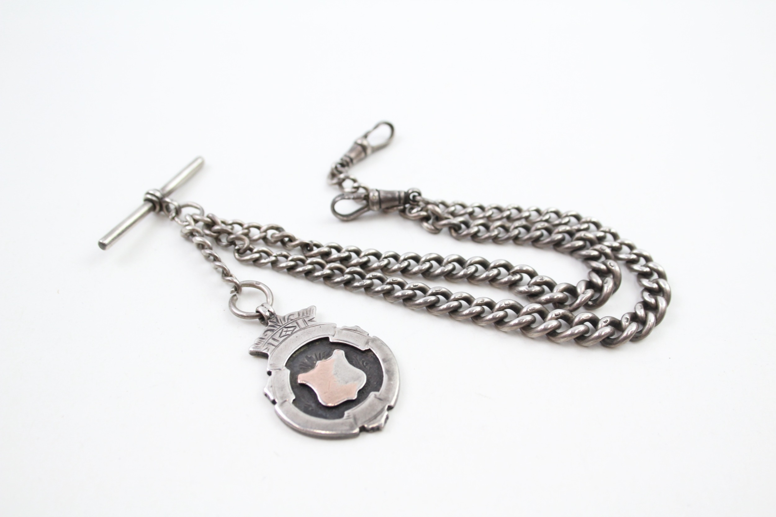 A silver double Albert watch chain and shield fob (47g)