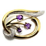 9ct gold amethyst & diamond brooch measures approx 4cm by 2.2cm weight 3.7g