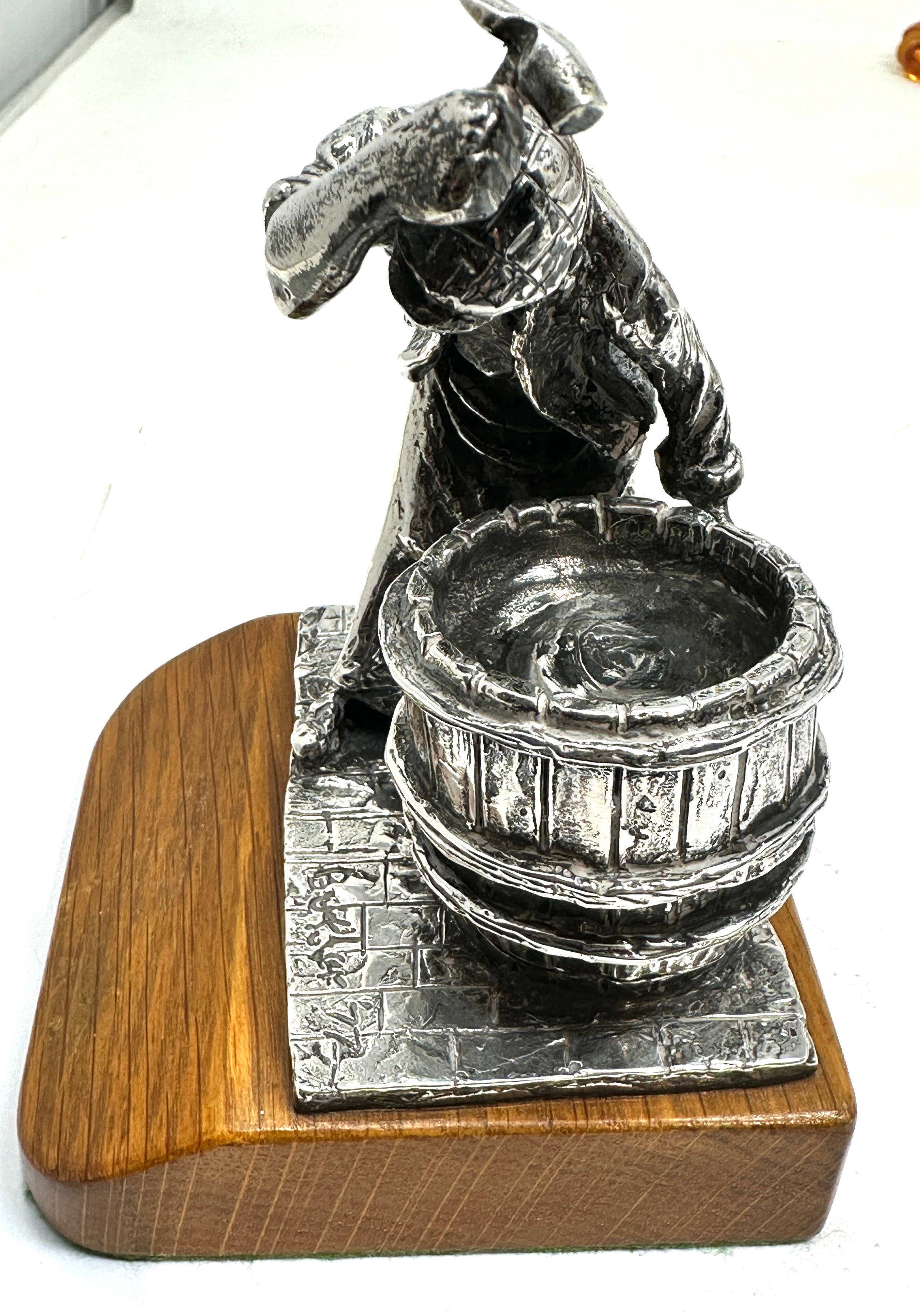 Heavy silver figure of a barrel maker on wooden base signed birmingham silver hallmarks figure - Image 2 of 7