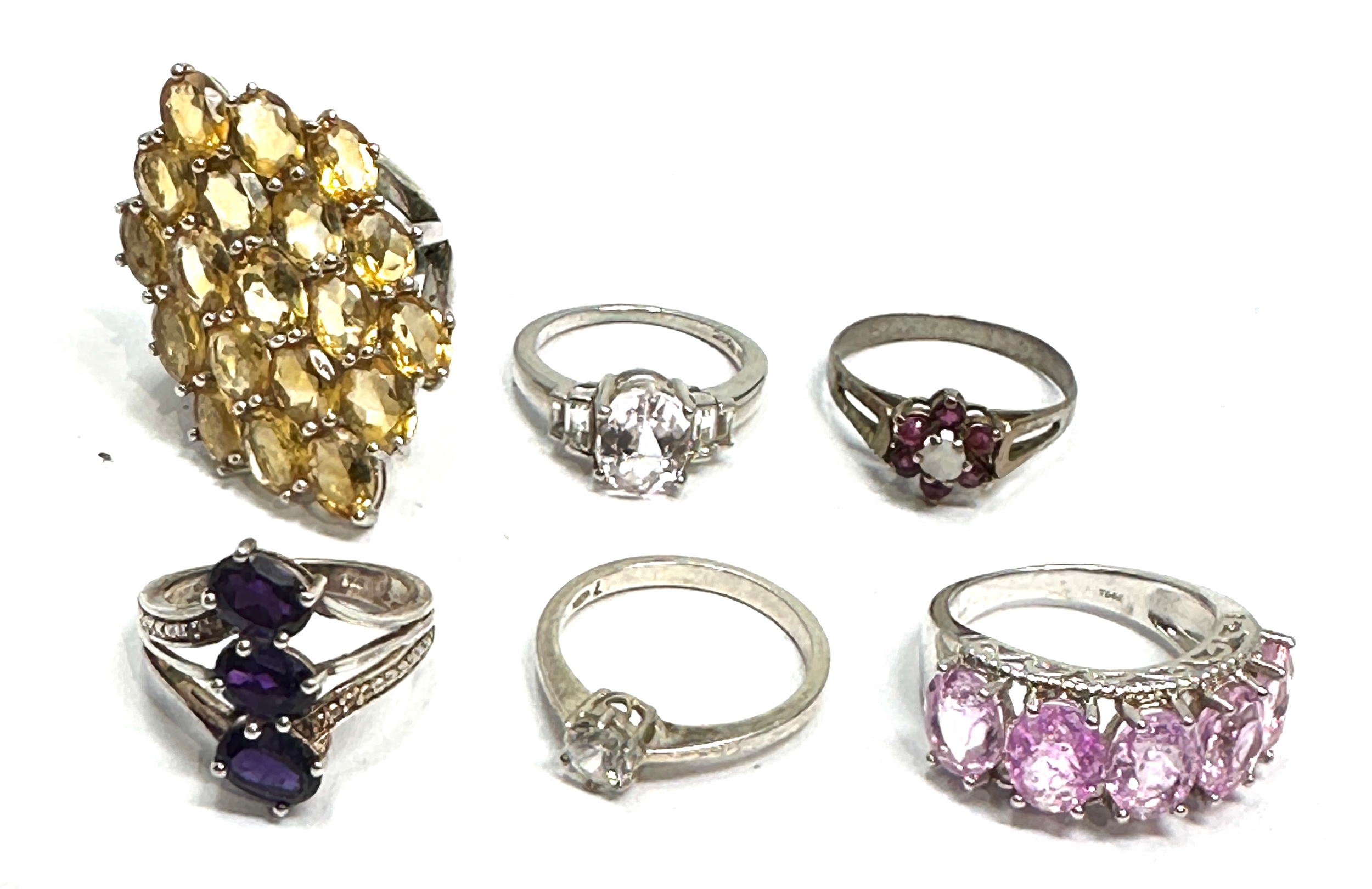 6 gemstone set silver rings weight 27g