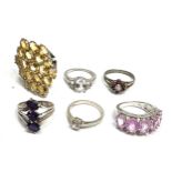 6 gemstone set silver rings weight 27g