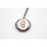 A silver floral guilloche enamel locket with chain (17g)