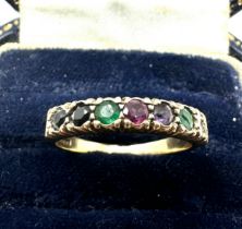 9ct gold multi gem stone ring diamond emerald sapphire etc weight 2g