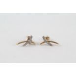 9ct gold diamond cross over stud earrings with scroll backs (0.6g)