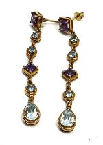 9ct gold long drop amethyst & topaz earring measure approx 5cm drop weight 3.20g