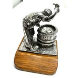 Heavy silver figure of a barrel maker on wooden base signed birmingham silver hallmarks figure