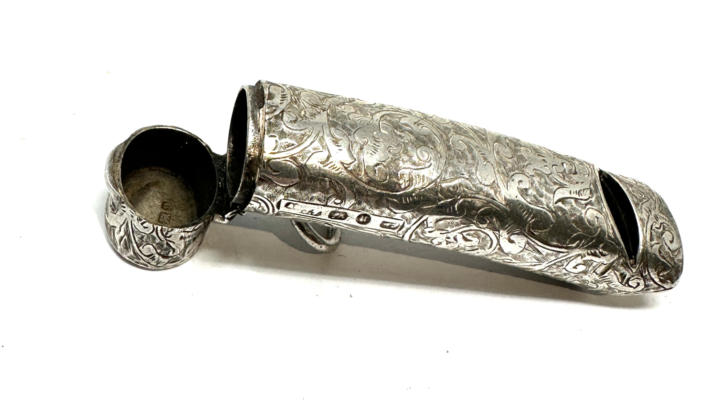 Unusual antique silver vesta box of oval form with hand-engraved scroll decoration and hinged lid. - Image 3 of 4