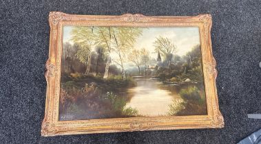 Large gilt framed oil on canvas signed W.H.Haines measures approx height 29 inches by 49 wide