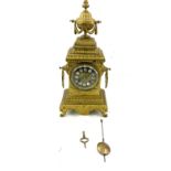 Vintage brass 2 key hole mantel clock with key and pendulum, approximate measurements Height 16