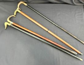 Four walking sticks, two brass handled, one silver rimmed and one gold plated