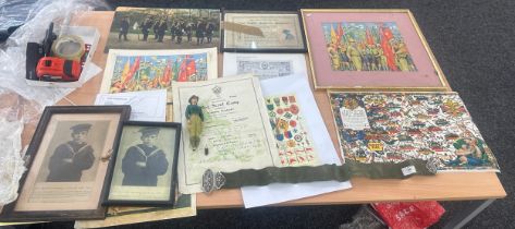 Selection of vintage Scouting memorabilia, a figure in need of repair and scout belt