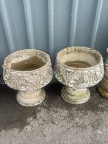 Pair of concrete ornate plant stands, measures approximately 13 inches tall