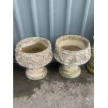 Pair of concrete ornate plant stands, measures approximately 13 inches tall