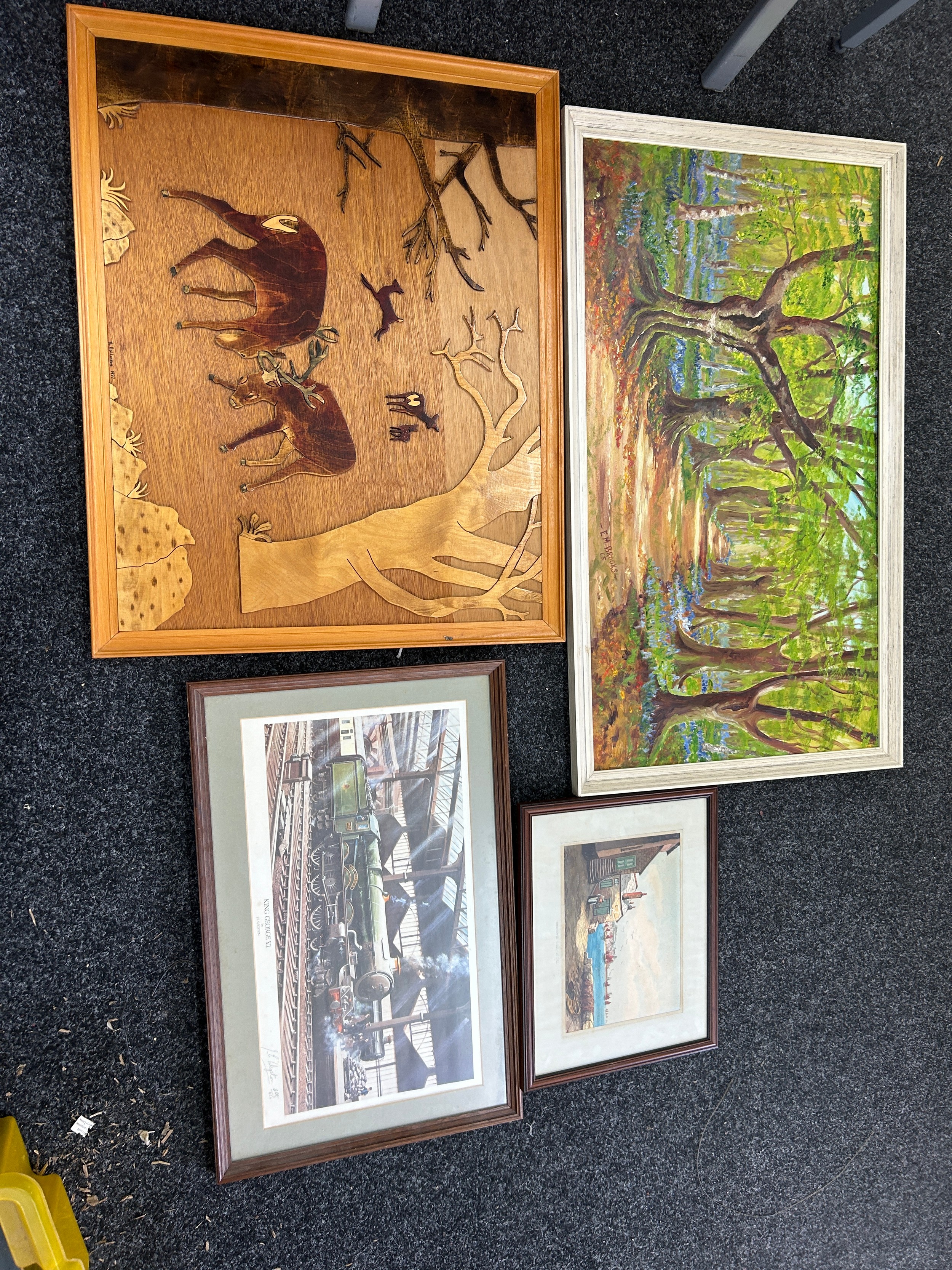 Selection of 4 Framed pictures and prints EM Brooks oil on boards etc