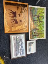 Selection of 4 Framed pictures and prints EM Brooks oil on boards etc